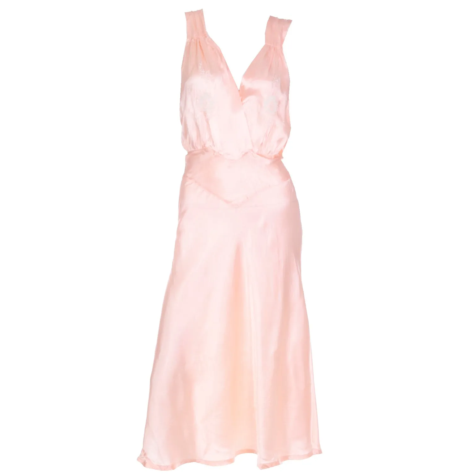 1940s Pink Silk Bias Cut Vintage Nightgown or Dress with Embroidery