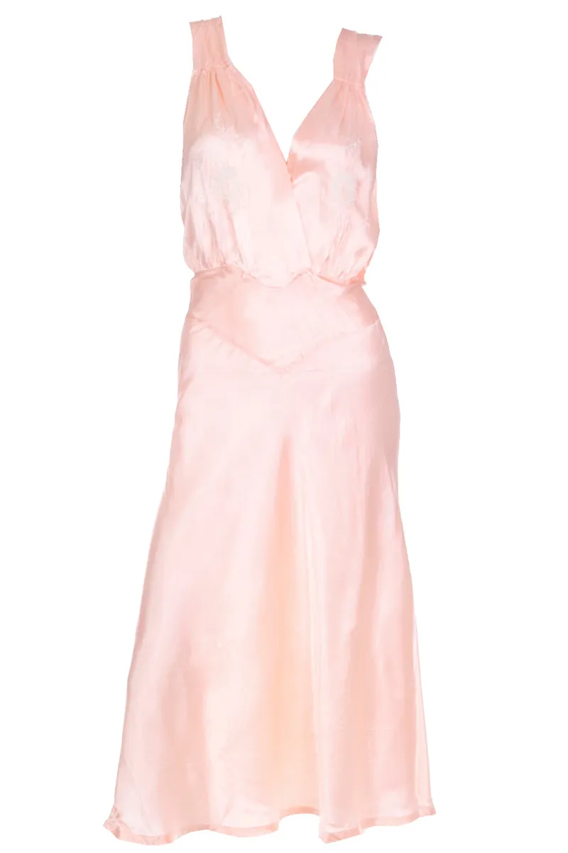 1940s Pink Silk Bias Cut Vintage Nightgown or Dress with Embroidery