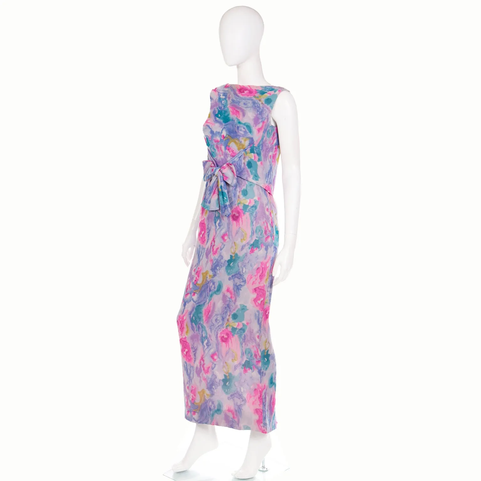 1960s I Magnin Silk Chiffon Watercolor Print Maxi Dress w/ Bow