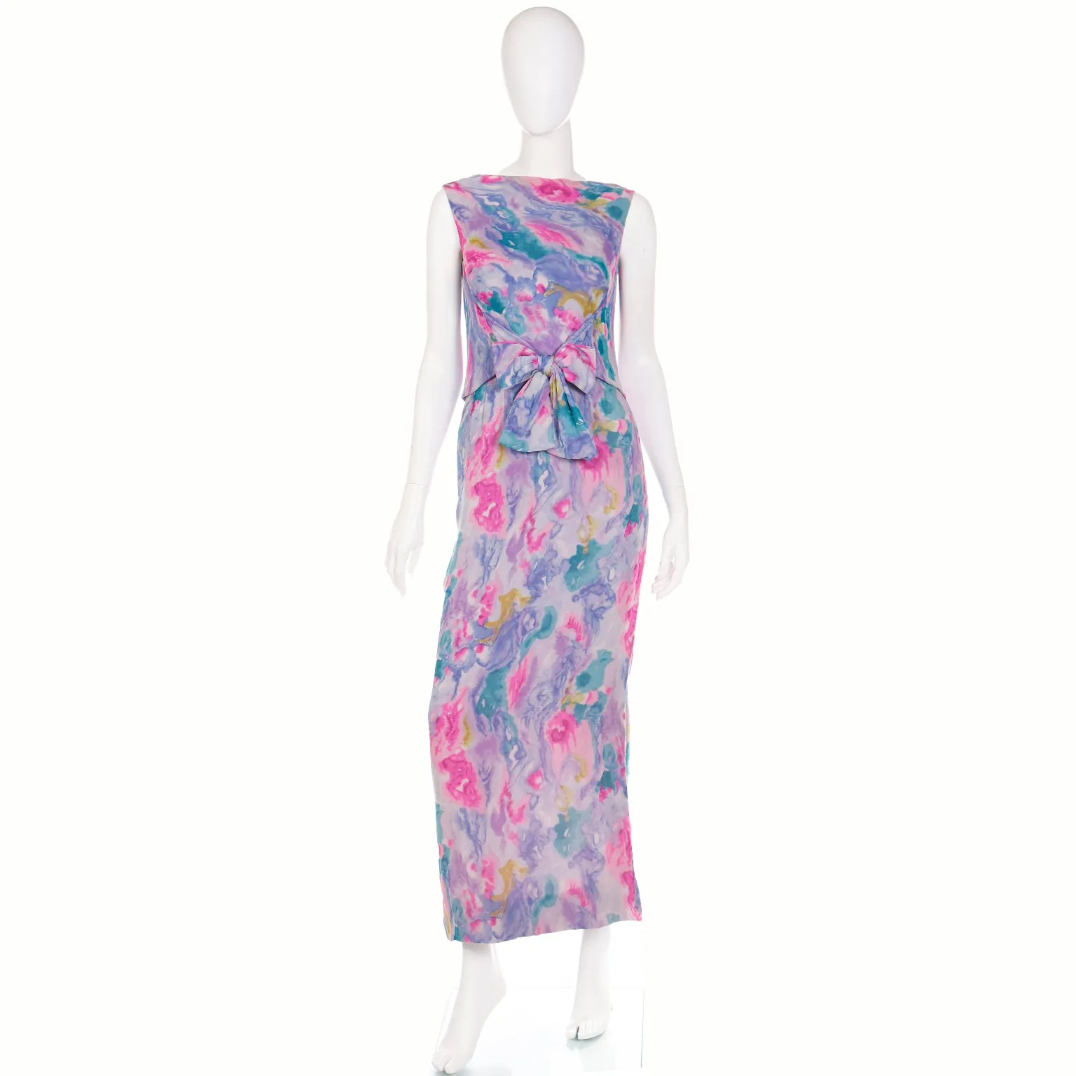 1960s I Magnin Silk Chiffon Watercolor Print Maxi Dress w/ Bow