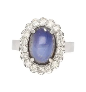 9.07 Carat Blue Star Sapphire & Diamond Halo Ring in 18K White Gold