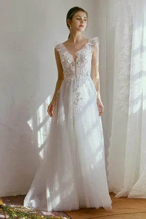 A-Line Floor Length Lace Tulle Wedding Dress CW2665