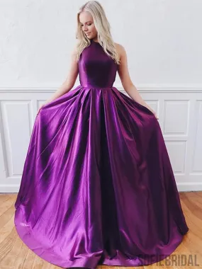 A Line Open Back Purple Long Prom Dresses With Train, PD0085