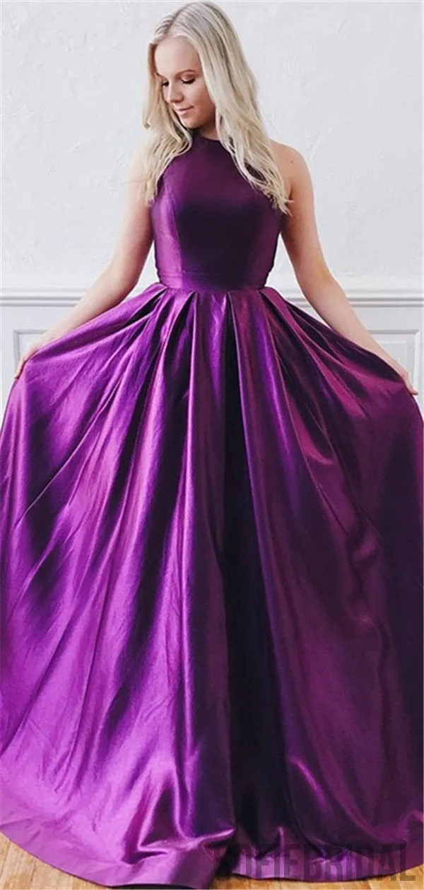 A Line Open Back Purple Long Prom Dresses With Train, PD0085