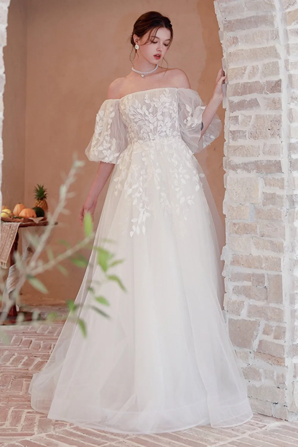 A-Line Sweep-Brush Train Lace Tulle Wedding Dress CW3065