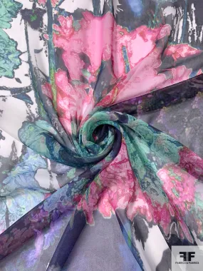 Abstract Floral Printed Silk Chiffon - Purple / Aqua Greens / Pinks