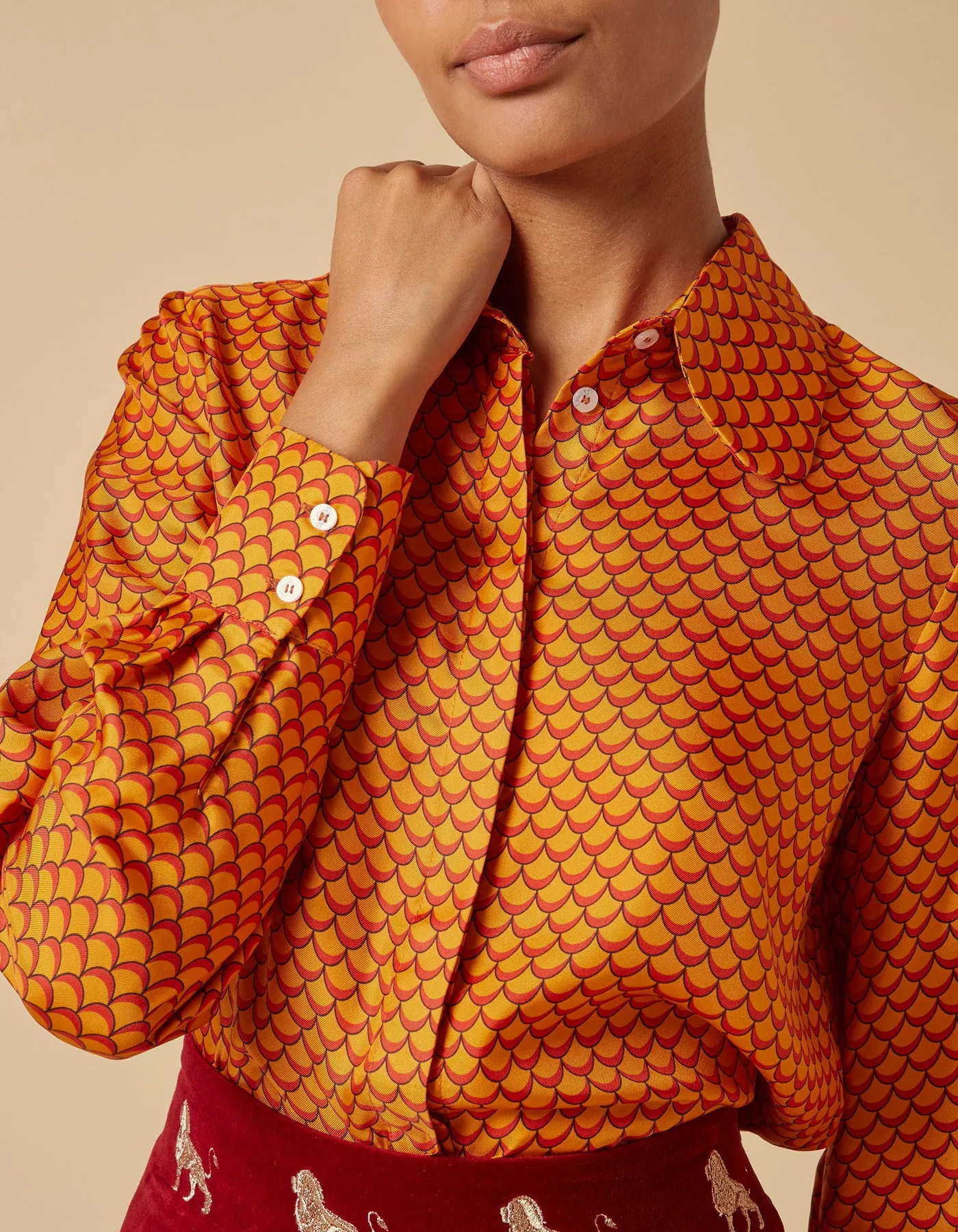 Bailey Orange Mermaid Print Silk Twill Shirt