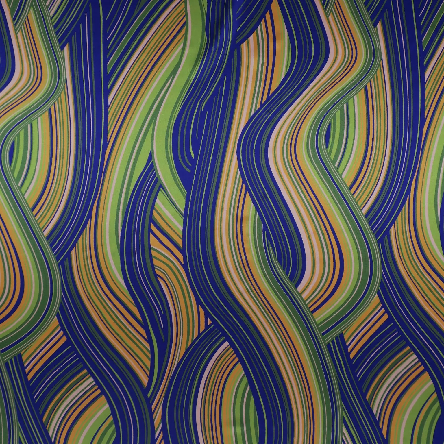 Blue and Green Waves Printed Silk Charmeuse Fabric