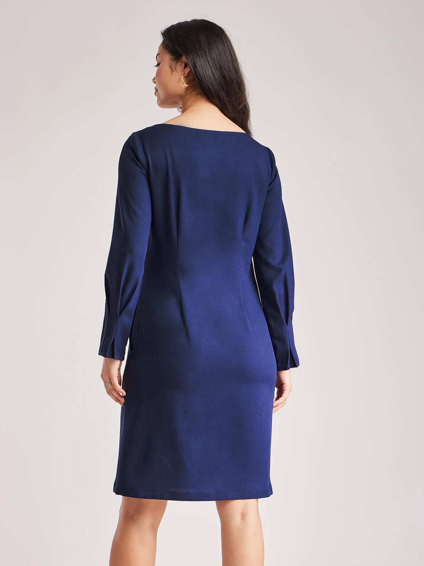 Boat Neck Shift Dress - Navy Blue