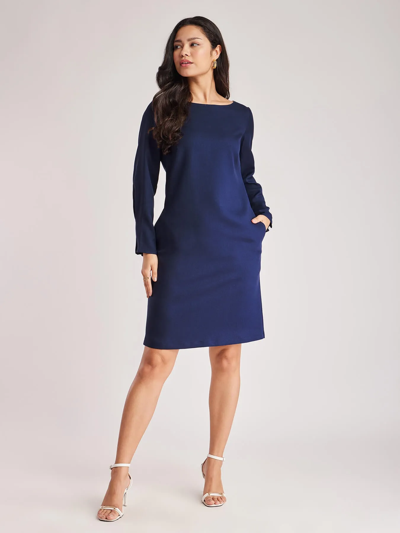 Boat Neck Shift Dress - Navy Blue