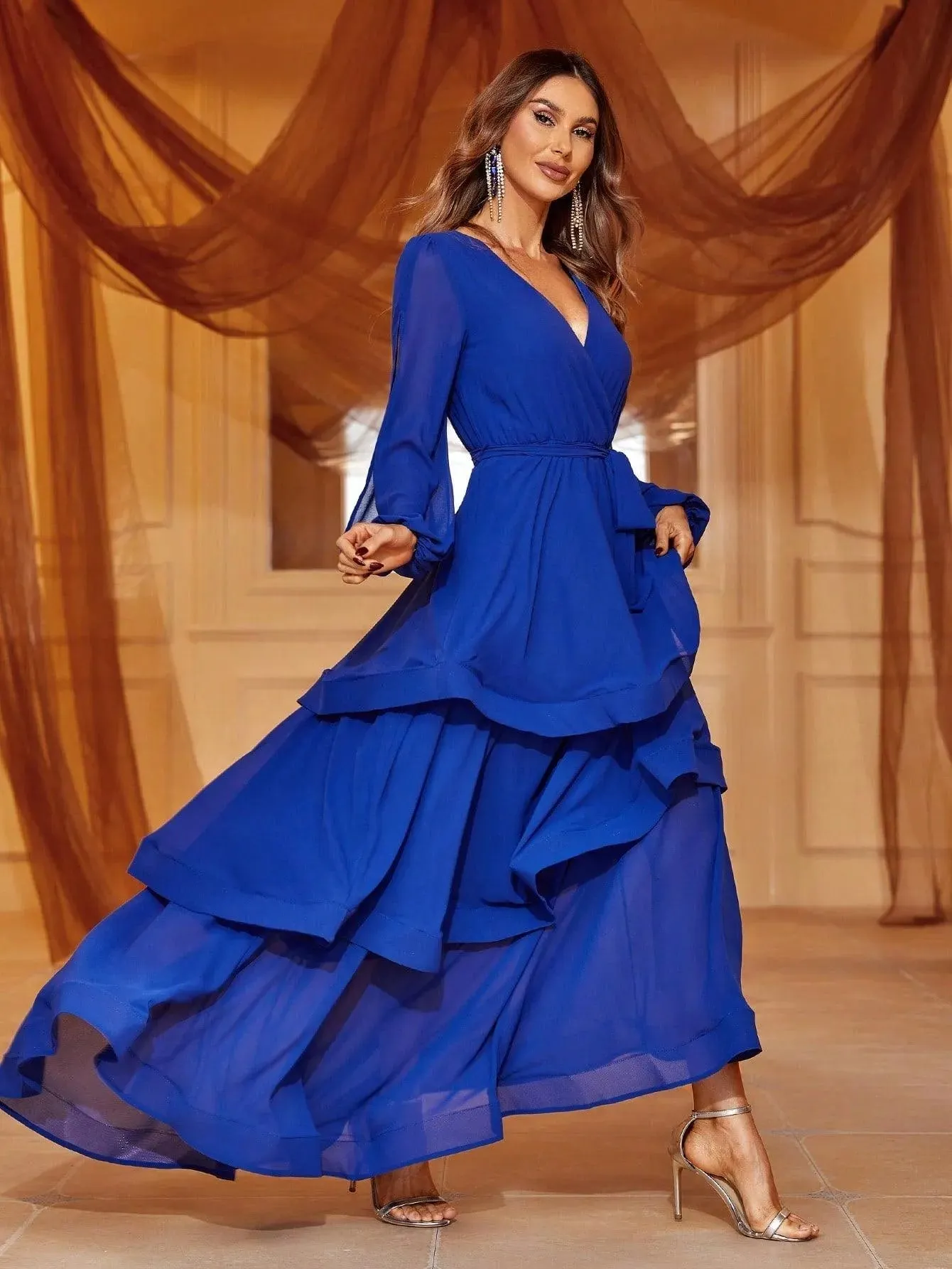 Cascading Ruffle Lantern Sleeves Chiffon Dresses