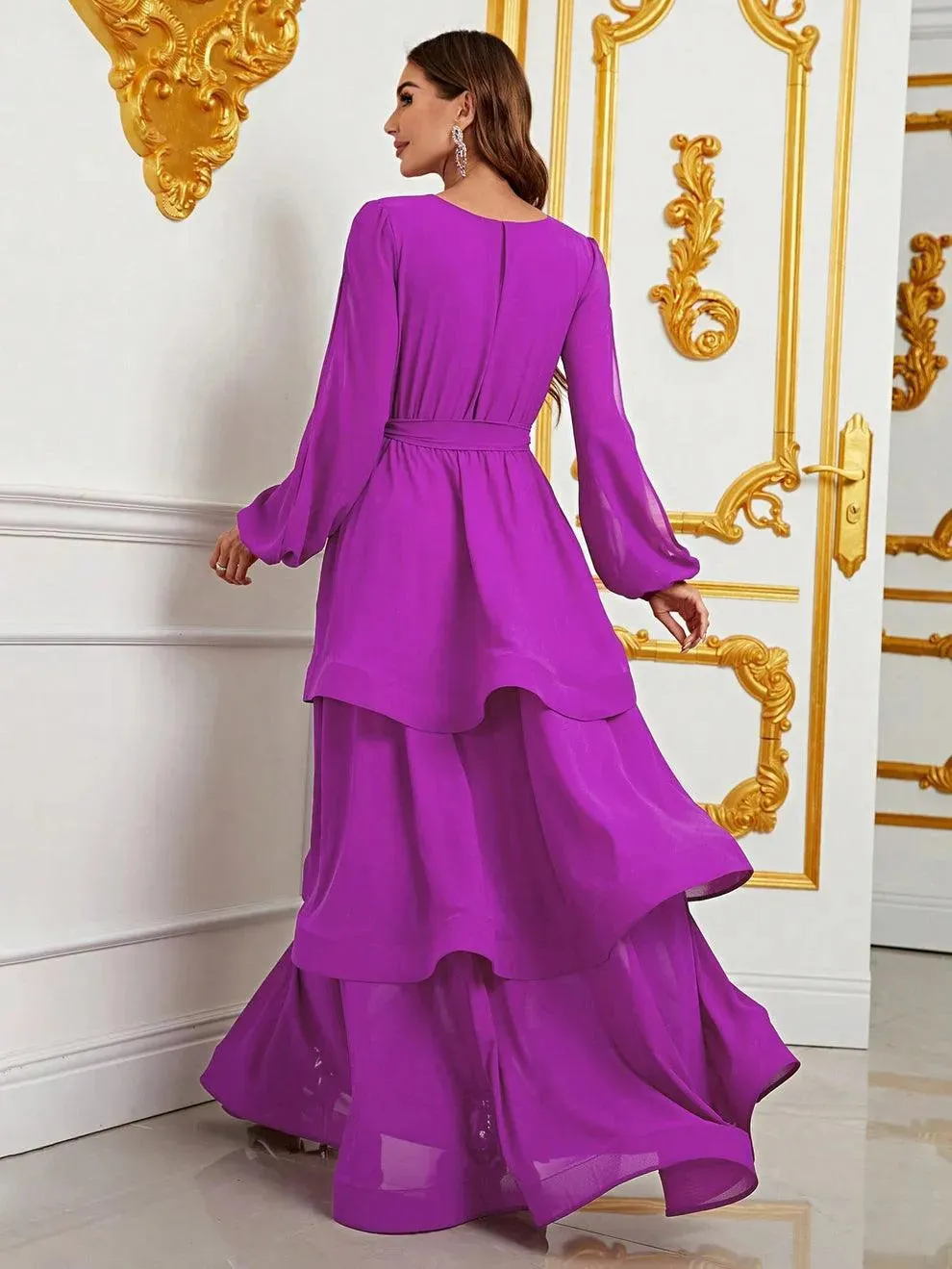 Cascading Ruffle Lantern Sleeves Chiffon Dresses