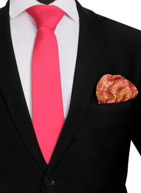 Chokore Plain Pink color silk tie & Indian at Heart design Light Sea Green & Pink color Satin Silk Pocket Square set