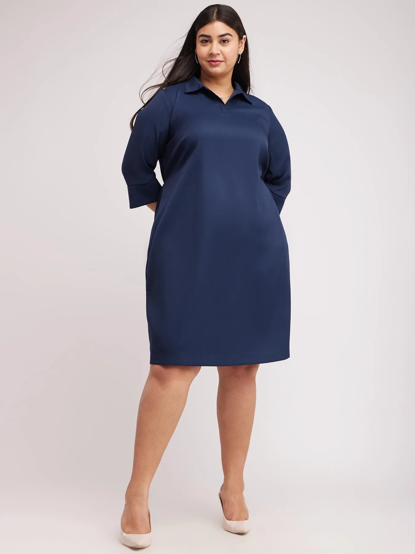 Collared Shift Dress - Navy Blue