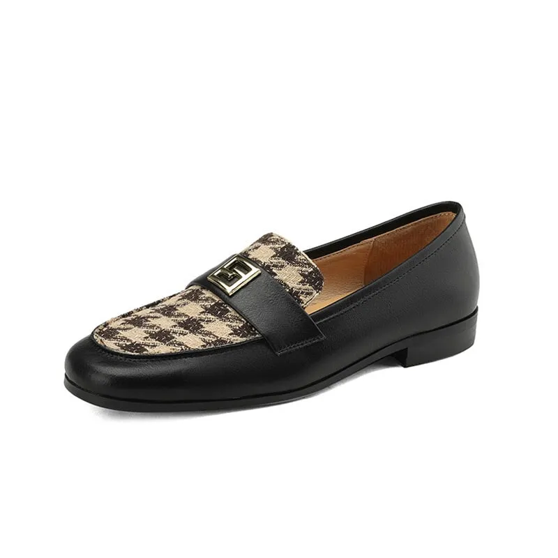 Color Blocking Soft Leather Loafers for Women with Metal in Black/Brown