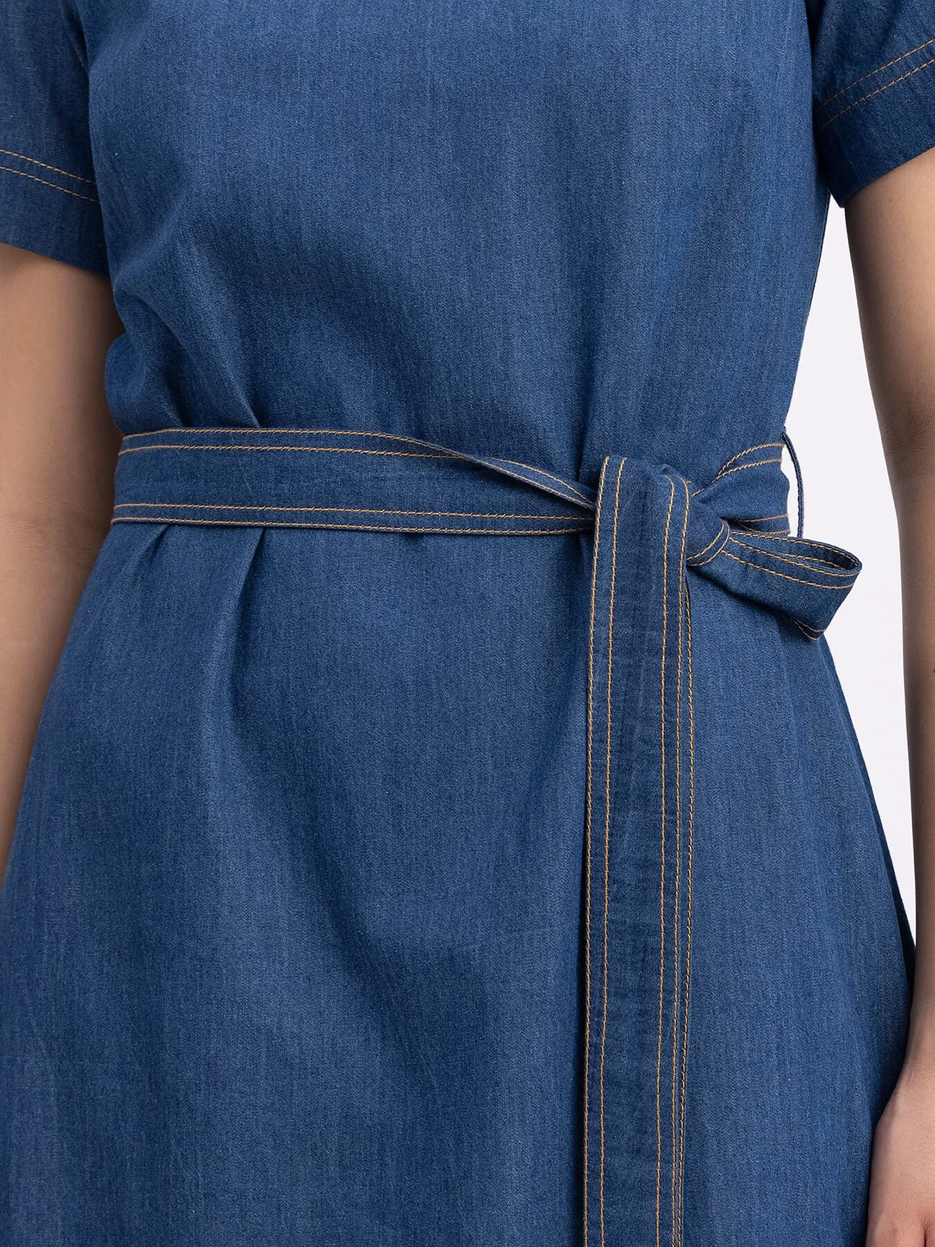 Denim Round Neck Dress - Navy Blue