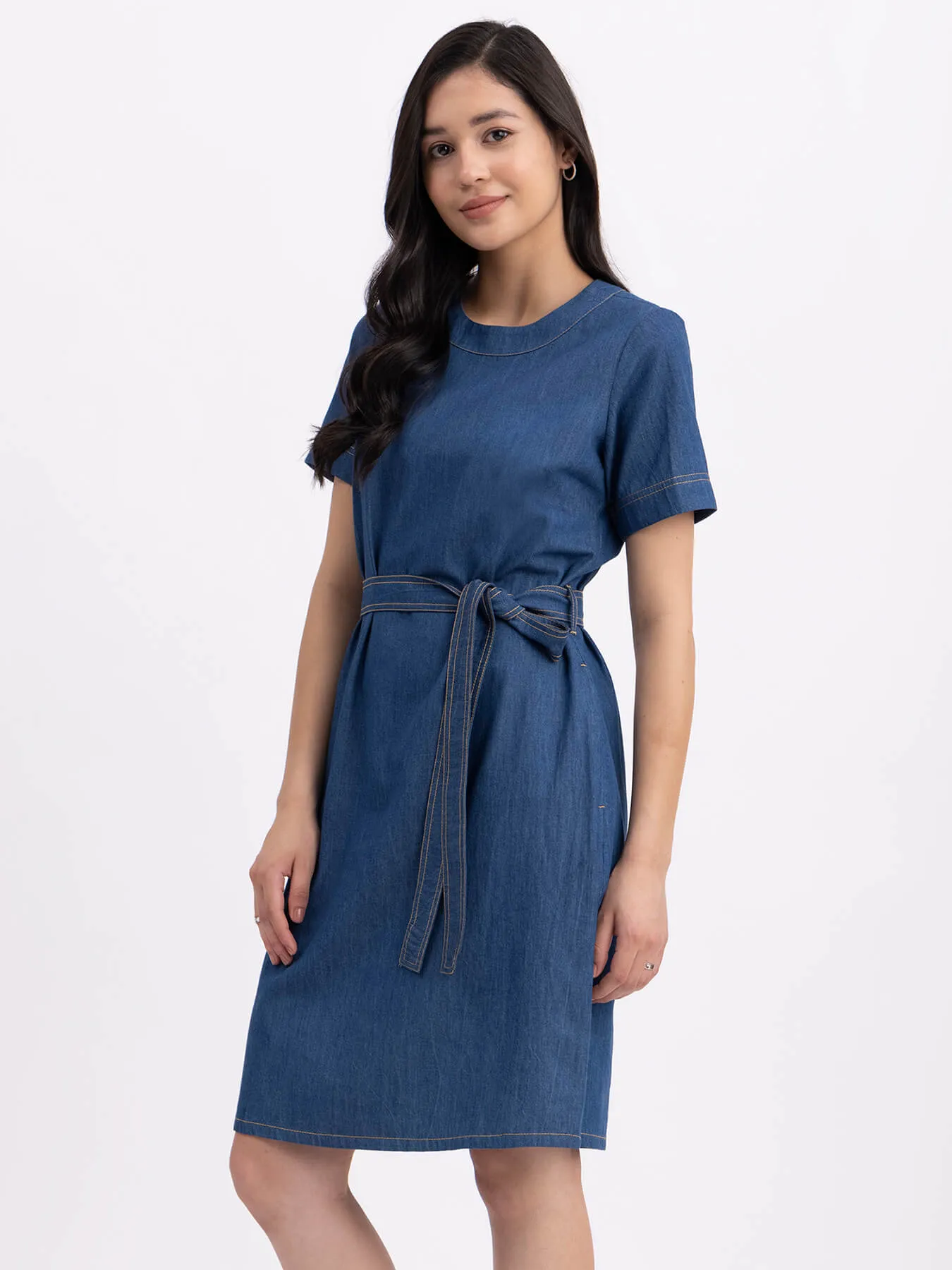 Denim Round Neck Dress - Navy Blue