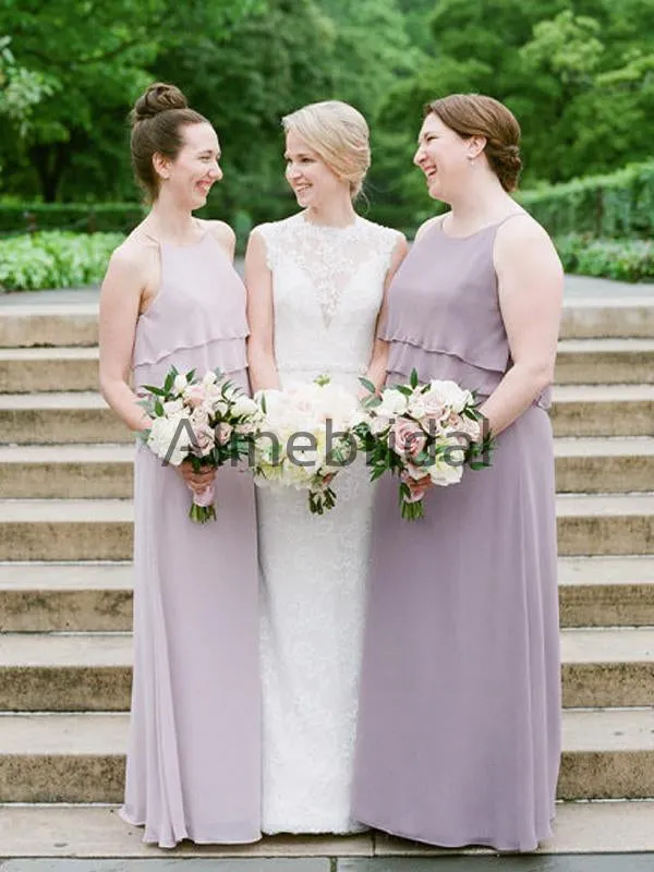 Dusty Purple Chiffon Spaghetti Strap A-line Long Bridesmaid Dresses, AB4133