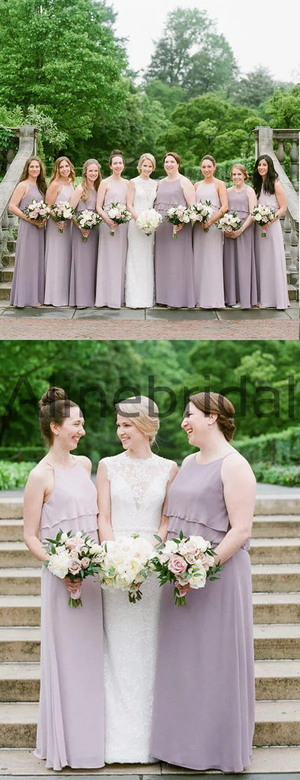 Dusty Purple Chiffon Spaghetti Strap A-line Long Bridesmaid Dresses, AB4133