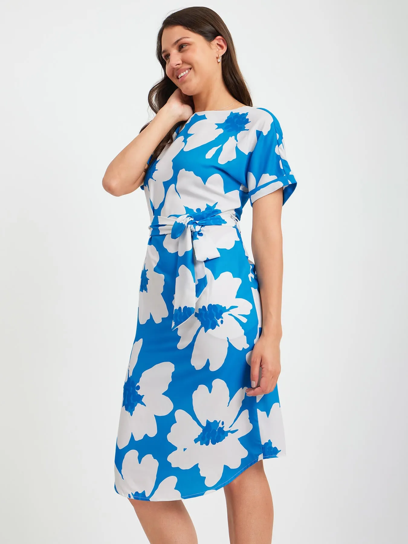 Floral Print Drop Shoulder Dress - Blue And White