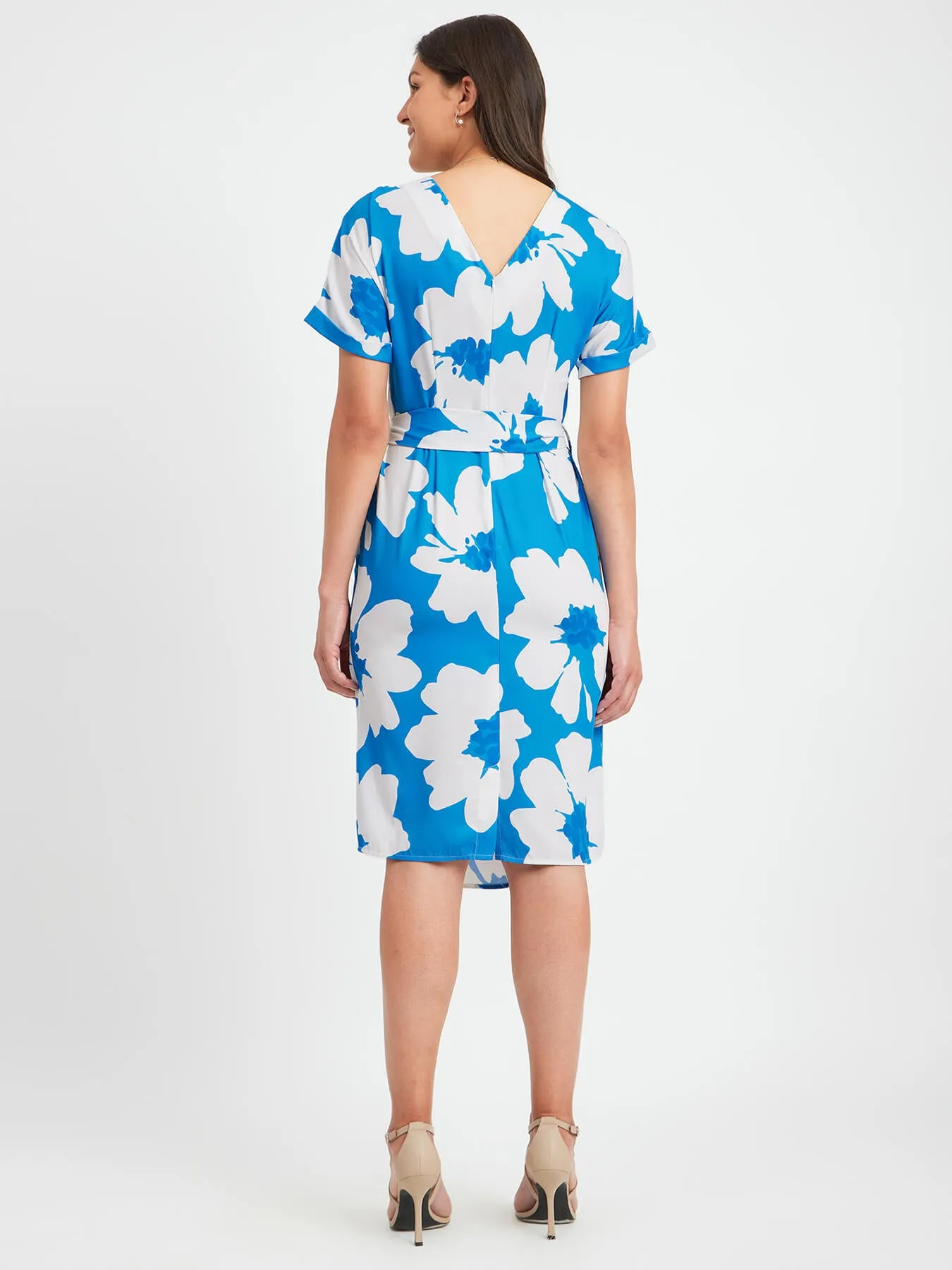 Floral Print Drop Shoulder Dress - Blue And White