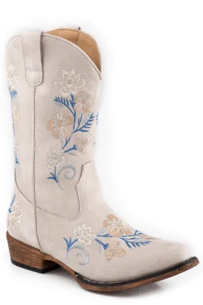 Girls Roper Vintage White Faux Leather Snip Toe Boot w/ Floral Embroidery