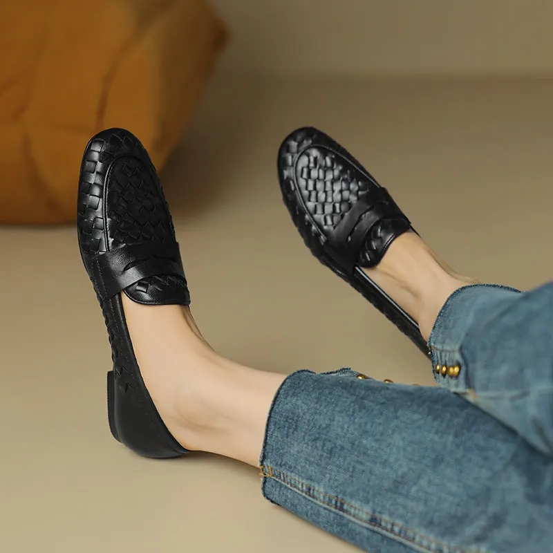 Handmade Woven Leather Loafers for Women in Brown/Black