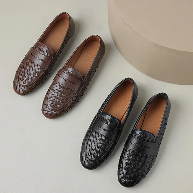 Handmade Woven Leather Loafers for Women in Brown/Black