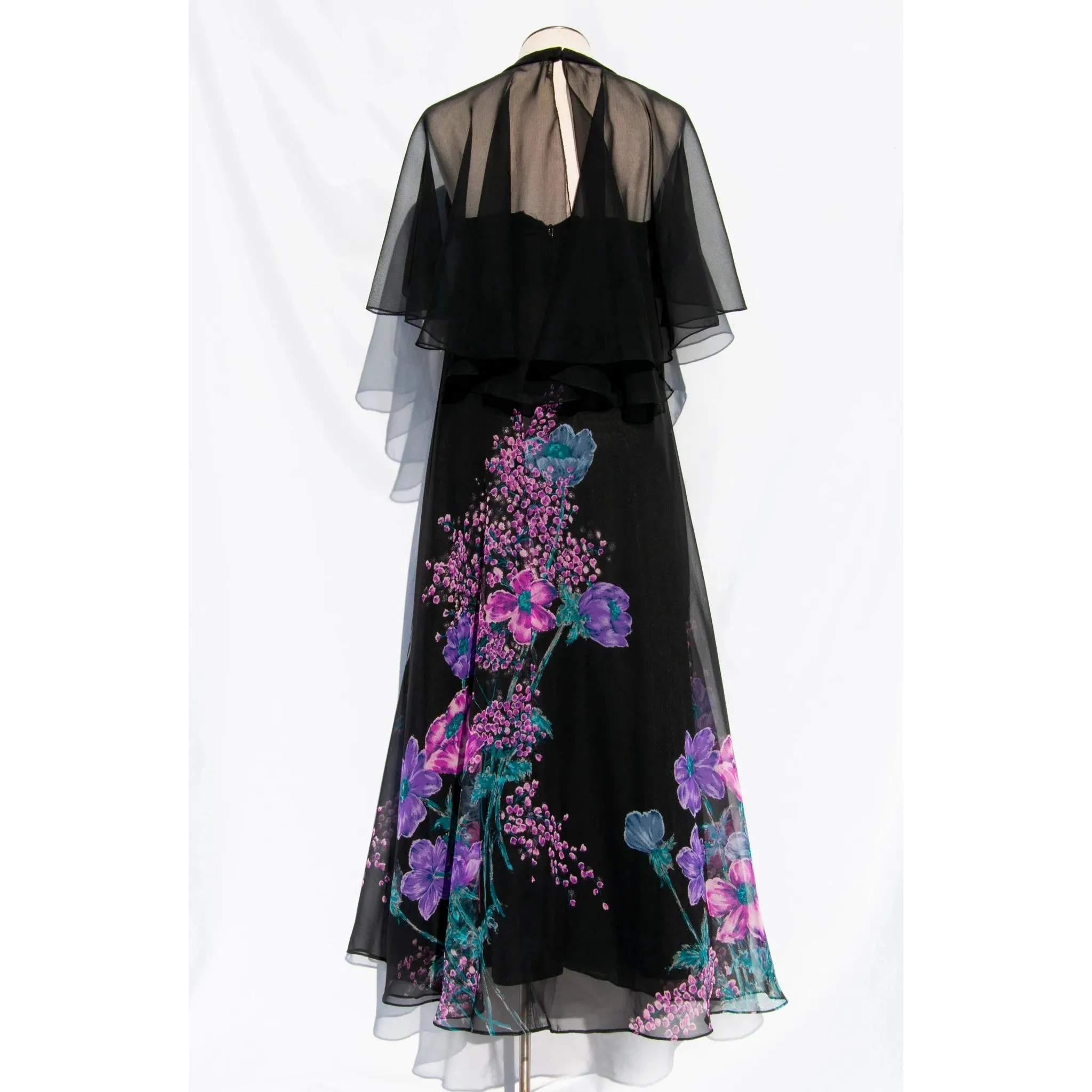 I.MAGNIN 1970s Purple and Black Floral Cape Sleeve Dress | XS