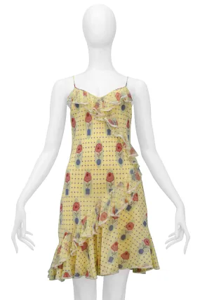 JOHN GALLIANO YELLOW CHECK SLIP DRESS WITH FLOWER POT PATTERN & WHITE LACE TRIM