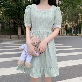 Kawaii Lace Ruffles Plaid Dress