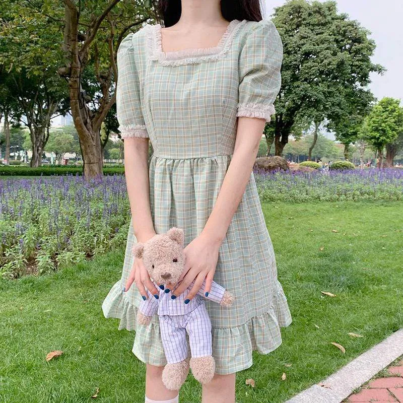 Kawaii Lace Ruffles Plaid Dress