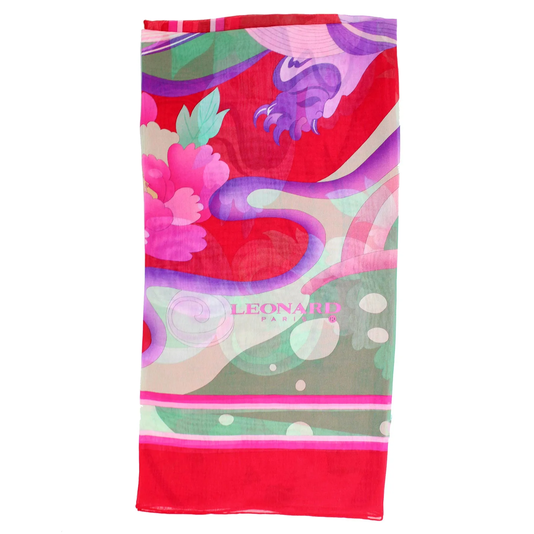 Leonard Paris Scarf Red Floral Design - Chiffon Silk Shawl SALE