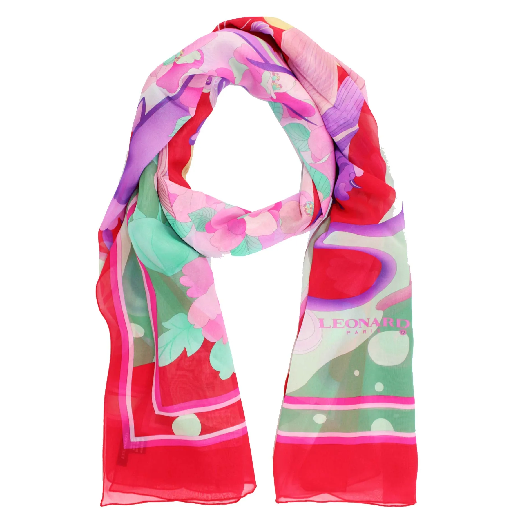 Leonard Paris Scarf Red Floral Design - Chiffon Silk Shawl SALE