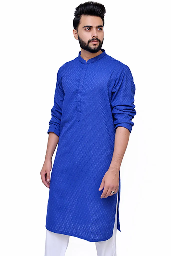 Men Embroidered Motif Design Blue Kurta