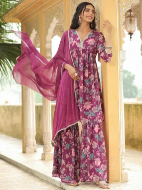 Purple Georgette Floral Printed A-Line Sharara Set