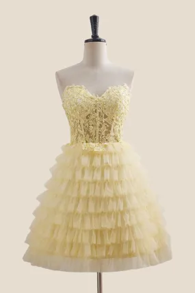 Strapless Yellow Appliques Tiered Short Dress