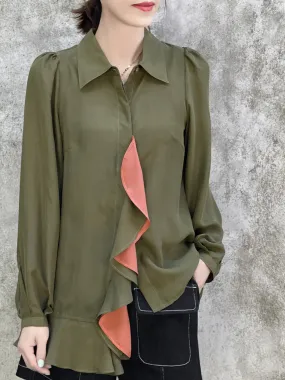 Surprise Sale! Dusted Khaki Asymmetrical Ruffle Silky Overshirt