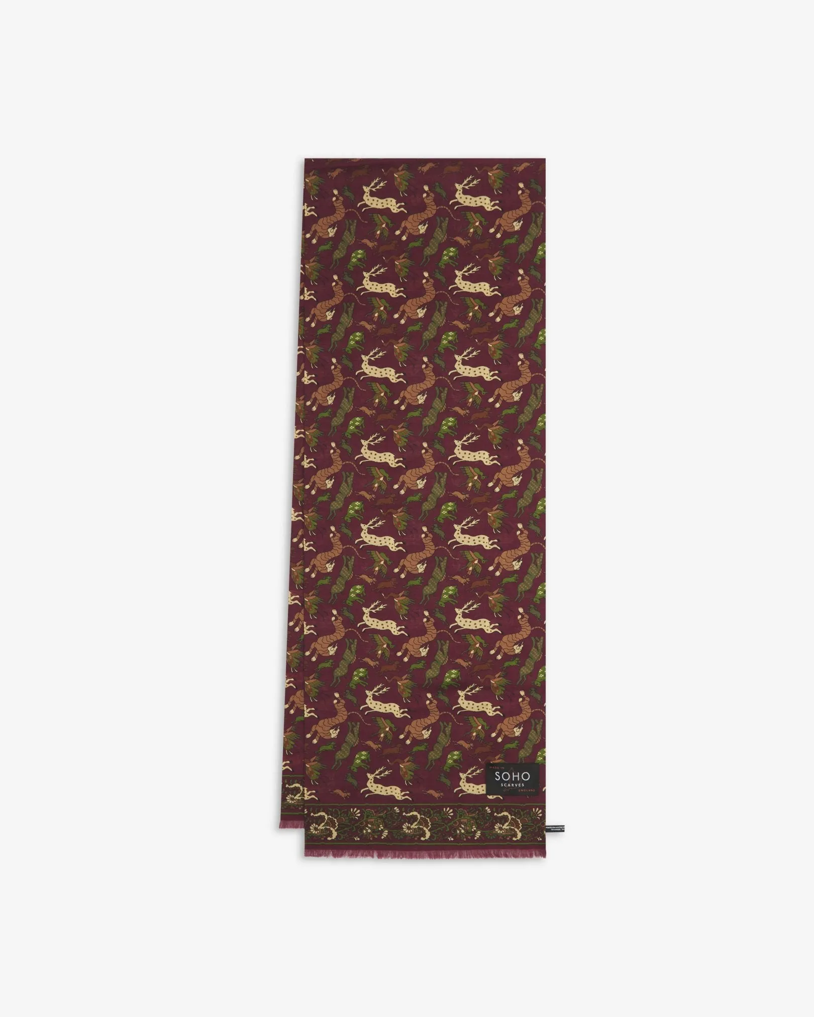 UK Wool and Silk Scarf - Woodland Creatures in Burgundy