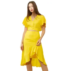 Women's Asymmetrical Hem Button Front Skirt in Yellow